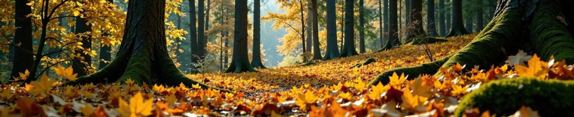 The forest floor is blanketed with a layer of yellow larch leaves underfoot, autumn, evergreen tree, mountain