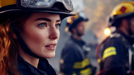 Honoring bravery and courage on International firefighters' day. Female firefighter in uniform with colleagues. Dangerous and risky professions, rescue service