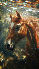 Underwater portrait of brown horse, swimming in the river