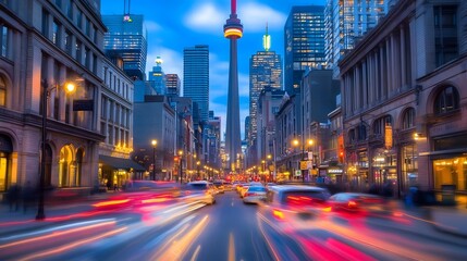 Fototapeta premium A vibrant cityscape featuring a tall tower amidst bustling traffic at twilight.