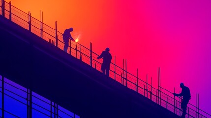Workers on a construction site silhouetted against a colorful sky during twilight.