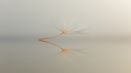 A dandelion seed floats through the air, its filaments catching the light and leaving a soft glow, set against a serene, blurred horizon, symbolizing peaceful movement toward the future.