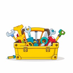 Toolkit of Possibilities: A vibrant yellow toolbox overflowing with colorful cartoon tools, representing the endless potential and resources for any project or endeavor.  