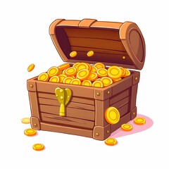 Treasure Chest Overflowing With Gold Coins: A cartoon illustration of a wooden treasure chest bursting with golden coins, symbolizing wealth, fortune, and the promise of riches.  