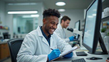 A joyful Black male scientist in a lab coat smiles while taking notes at his desk, with a microscope and a colleague in the background. This image captures the essence of teamwork and dedication in a