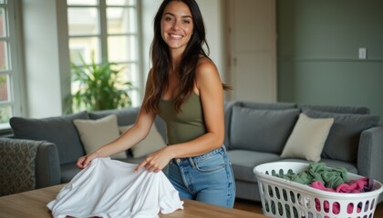 Obraz premium A cheerful young woman with long dark hair is folding a white shirt in a bright, inviting living room. The scene captures a moment of domestic bliss, showcasing her joy in everyday chores amidst a