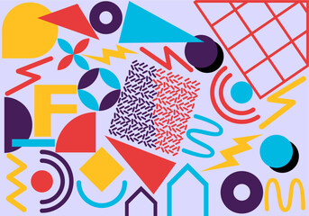 Obraz premium Abstract colorful flat geometric background, template design with the simple shape of circles, squares, dots, and lines