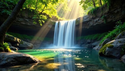 sunlight casting dappled shadows on the ground below a waterfall, nature, water, serene