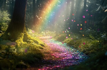 A rainbow appears in the forest, colorful petals fall from the trees to the ground, magical light shines through the foliage and illuminates a small path covered in moss