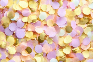Scattered confetti in gold and pastel tones, evoking a celebratory mood for wedding or event invitations
