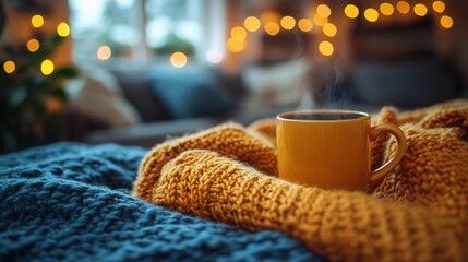 Cozy Indoor Retreat, soft sweater, warm coffee, blanket fort, inviting atmosphere, perfect for relaxation and comfort
