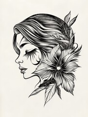 Fototapeta premium Woman with Floral Headpiece - Elegant woman, floral adornment, detailed line art, black ink, serene expression. Symbolizes beauty, nature, grace, femininity, artistry.