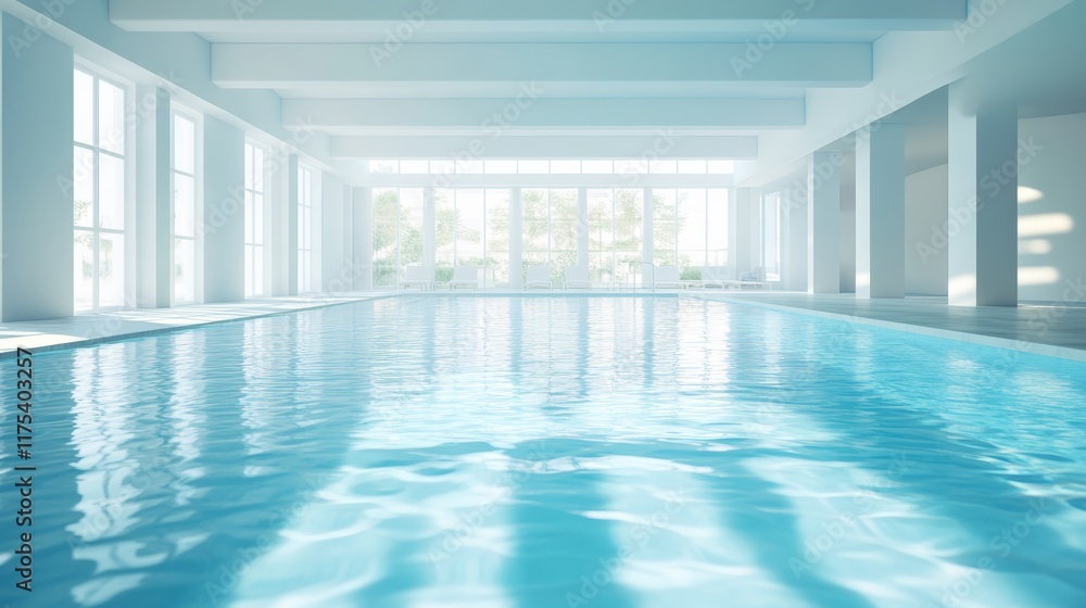 Aufkleber sunlight is reflecting on the rippled surface of an indoor swimming pool inside a bright white room 