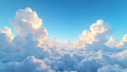 Softly glowing blue sky with large puffy fleecy clouds floating gently above the earth, peaceful atmosphere, open land
