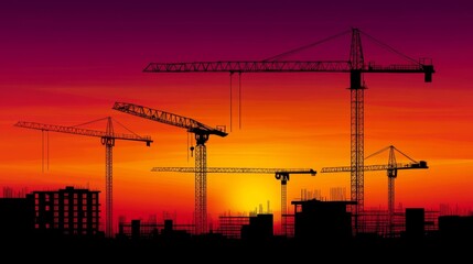 Silhouetted construction cranes against a vibrant sunset sky.