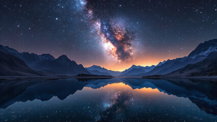 Venus reflected in a tranquil lake beneath a starry sky
