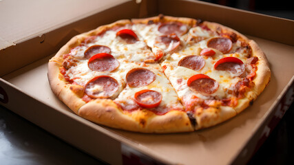 Fresh Mozzarella Cheese Pepperoni Pizza in box Baked Italian Cuisine Gourmet Lunch Dinner Fast Food Dish