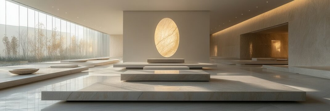 Contemporary art museum, sleek white walls, minimalist sculptures, bright natural light, inviting space for artistic exploration