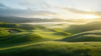Fototapeta premium Scenic golf course at sunrise with dew-covered greens and rolling hills