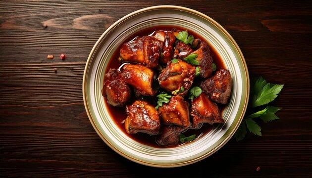 Filipino Pork Adobo Cuisine in a plate in a table