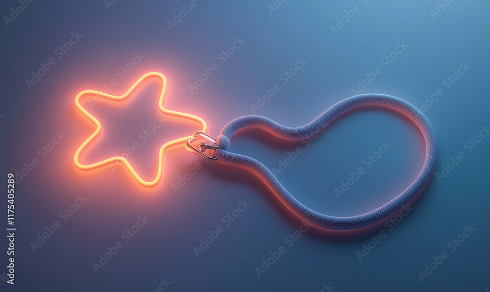 Poster a glowing neon star shape attached to a soft, textured loop against a blue background, creating a wh