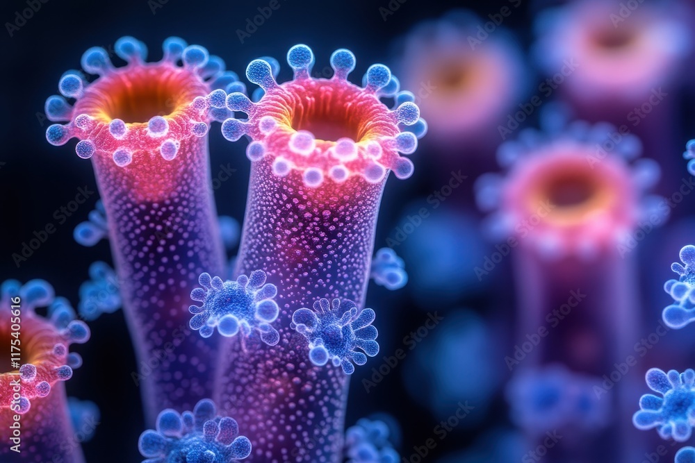Poster microbial structures exhibit vibrant colors under magnification, showcasing intricate details and un