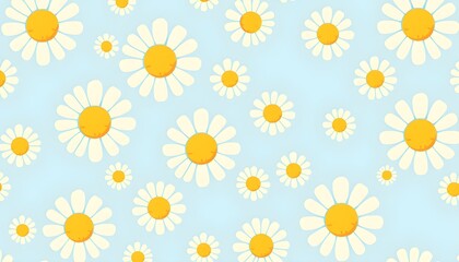 Fototapeta premium Cute daisy pattern, retro floral design, bright yellow centers, white petals, light blue background, cheerful springtime motif, seamless repeat pattern, vintage textile style