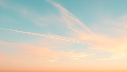 Fototapeta premium Pastel sunset sky, minimalist landscape, soft gradient, peach and blue hues, tranquil horizon, serene atmosphere, abstract nature scene, ethereal mood, gentle color transition