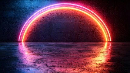 Glowing Neon Rainbow Arc on Reflective Black Background with Soft Light Gradient