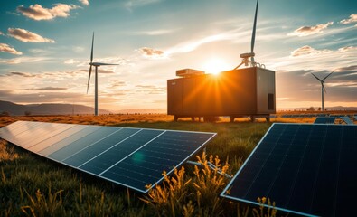Sunset over solar panel field, wind turbines in background, golden hour lighting, renewable energy landscape, dramatic sky with clouds, industrial power generation, sustainable technology, rural setti