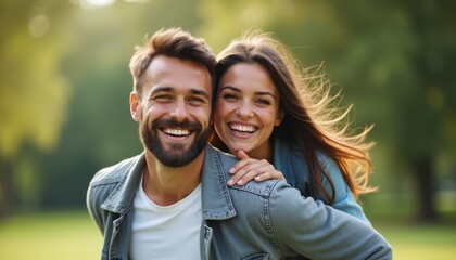 Fototapeta premium A happy couple, a man with a beard and a woman with long hair, are smiling brightly in a sunlit park. Their laughter and closeness radiate joy, capturing the essence of love and companionship in a
