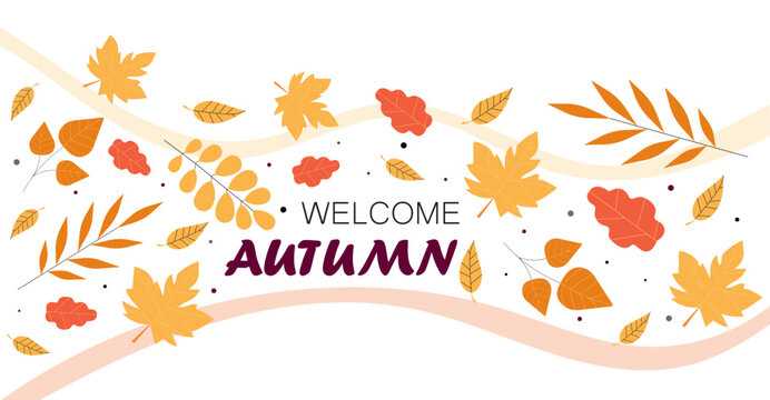 Welcome autumn poster. Yellow and red foliage and leaves. Fall season. Greeting postcard template. September, october and november. Flat vector illustration isolated on white background