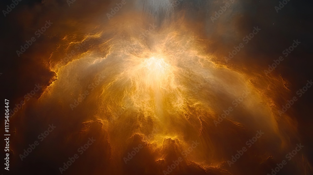 Poster golden nebula clouds with a bright center. ideal for space, fantasy, or abstract themed projects. us