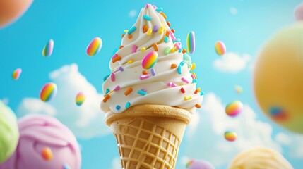 Delicious Ice Cream Cone Topped with Colorful Rainbow Sprinkles Against a Bright Blue Sky