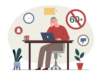 Discrimination job search. Elderly man with laptop looking for vacancy. Applicant too old. Stop age discrimination. Lack of career opportunities for retirees. Flat vector illustration