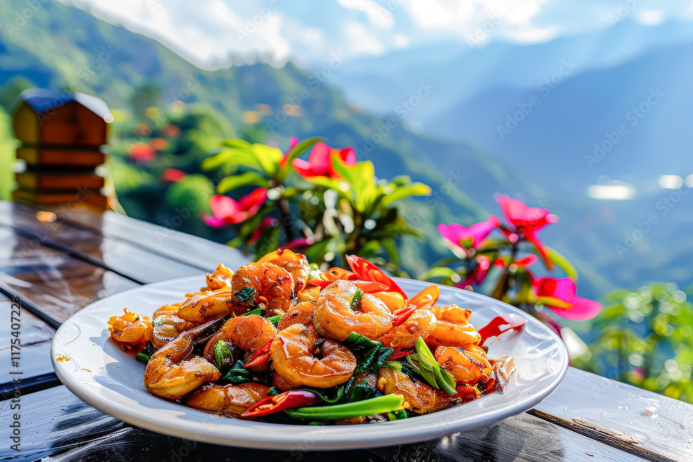 Poster plate of shrimp and vegetables is set on a table in front of a mountain range.