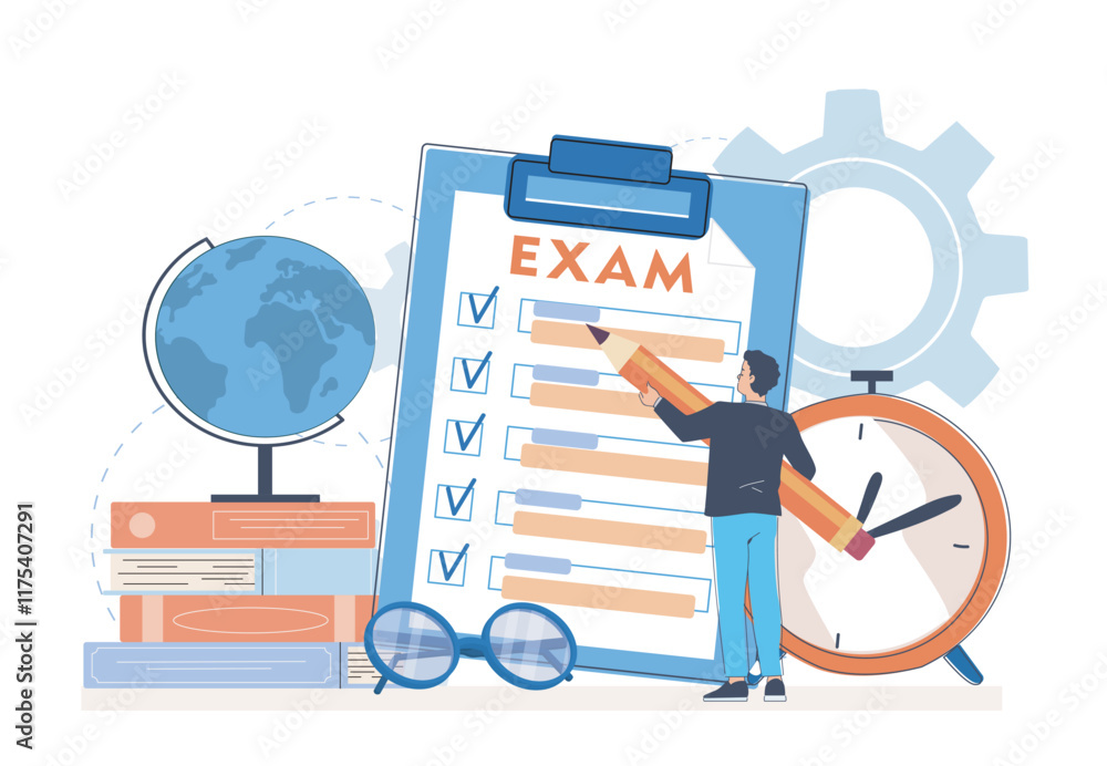 Poster exam preparation concept. man standing near stack of textbooks and globe and fill exam. school, coll