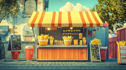 Obraz premium Vibrant Street Food Stall Featuring Freshly Made French Fries with Bright Yellow Banners and Inviting Atmosphere