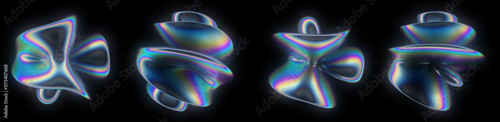 Poster Set of glitched holographic 3D spheres and blobs with ripples. Bold brightly colored illustrations in futuristic surreal style.