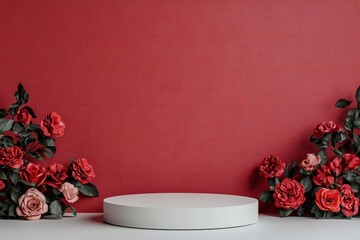 Valentine's Day Elegant White Product Display Podium with Red Roses on Maroon Background