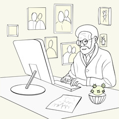 An elderly man in glasses is working at a computer