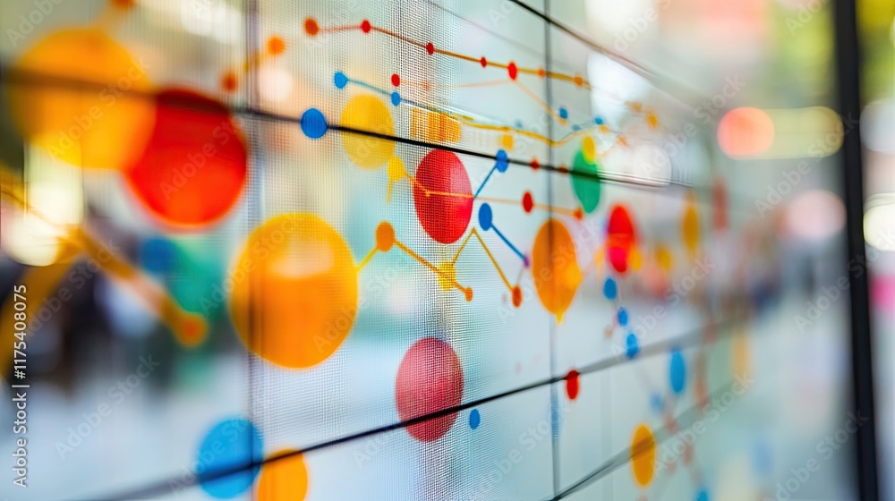 Poster blurred colorful connected circles and lines on transparent digital screen. application suggestion: 