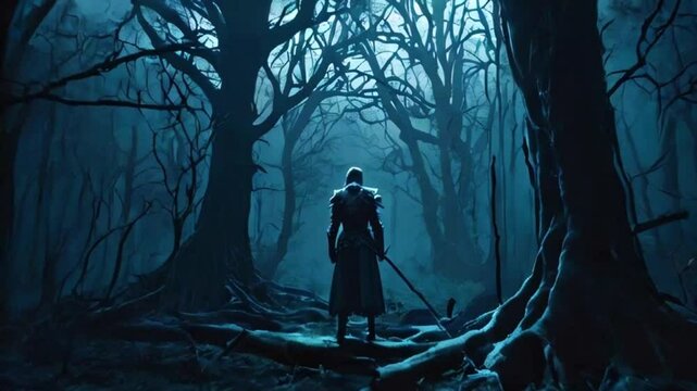 In a haunted forest twisted, glowing trees, knight kneels, princess eerie spirits float. love defies curse, 2D flat anime style illustration, 4k landscape animation video