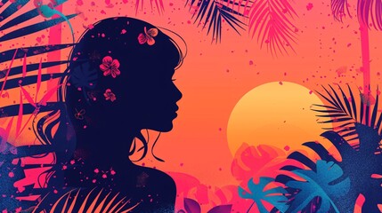 Silhouette of a Woman Surrounded by Tropical Foliage at Sunset with Colorful Background