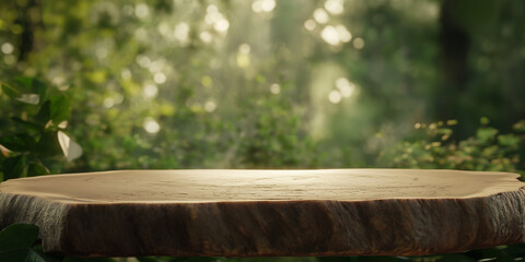 A rustic wooden platform bathed in sunlight stands amid verdant foliage, creating a serene ambiance as light filters through leaves, suggesting tranquility in nature.