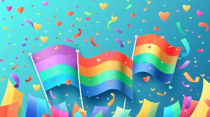 Vibrant Celebration with Colorful Flags, Confetti, and Heart Shapes in a Festive Scene