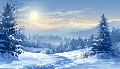 Fototapeta premium Winter landscape with snowy fir trees and wooden house.