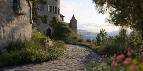Fototapeta premium A charming cobblestone path winds gently through a tranquil village setting, flanked by lush greenery and rustic architecture, evoking historical serenity.