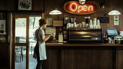 Young Woman Serving Coffee In A Rustic Cafe