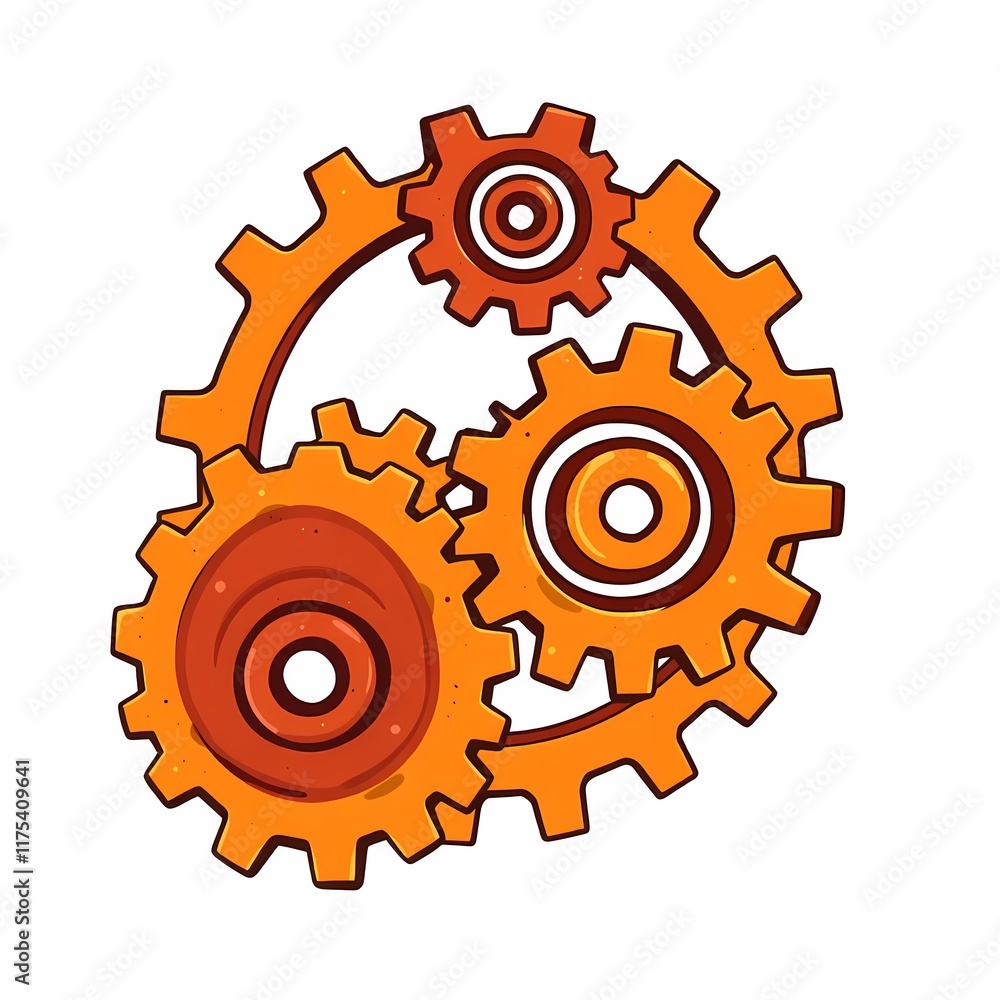 Poster interlocking gears: a vibrant illustration of three orange and brown gears interlocked in a seamless